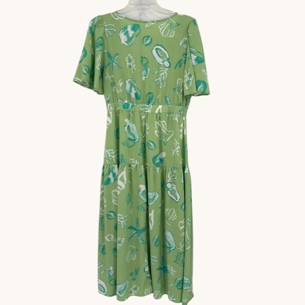 Vintage Sea Life Print Maxi Dress Women L Green Beach Coastal Flutter Sleeve - Picture 2 of 9